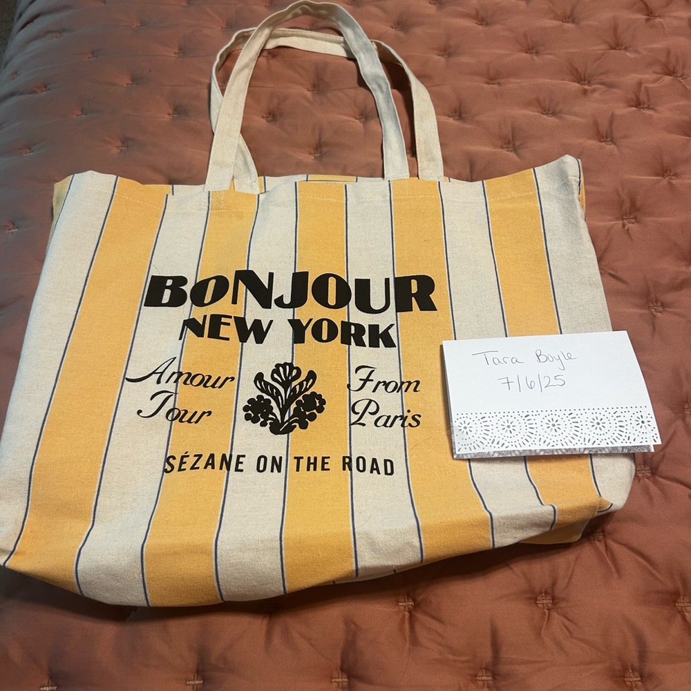 Sezane Bonjour New York Yellow and Cream Striped Tote Bag